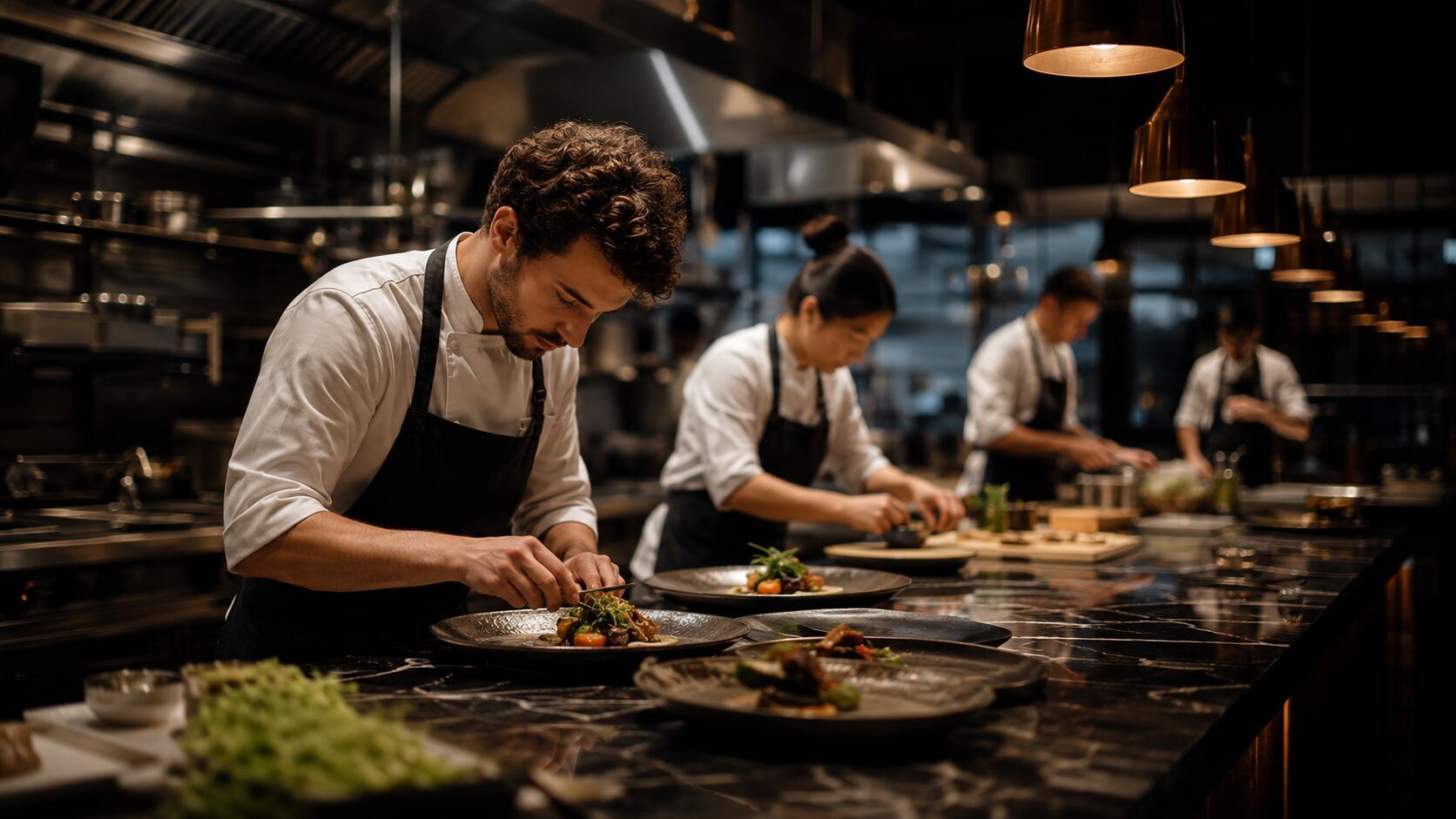 Chefteam in einer offenen Restaurantküche