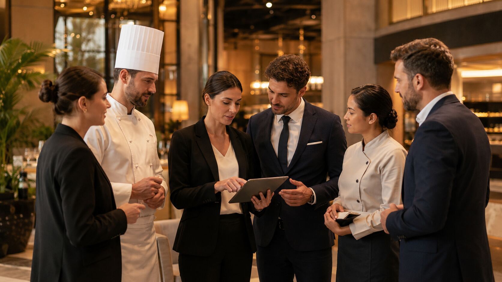 Teamrunde in einem stilvollen Hospitality-Betrieb mit Tablet und Besprechung