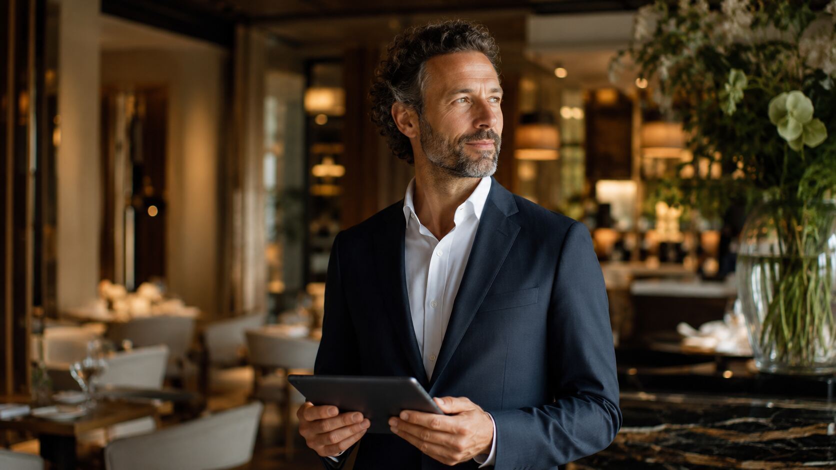 Professioneller Hospitality-Manager mit Tablet in elegantem Restaurantambiente